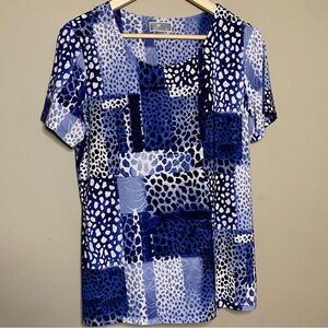 JM Collection Animal Print Textured Blouse Shirt Women Medium Blue White Casual